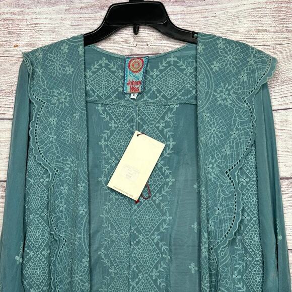 Johnny Was Open Eyelet Hooded Light Jacket Cover Up Size Small New - Picture 10 of 13